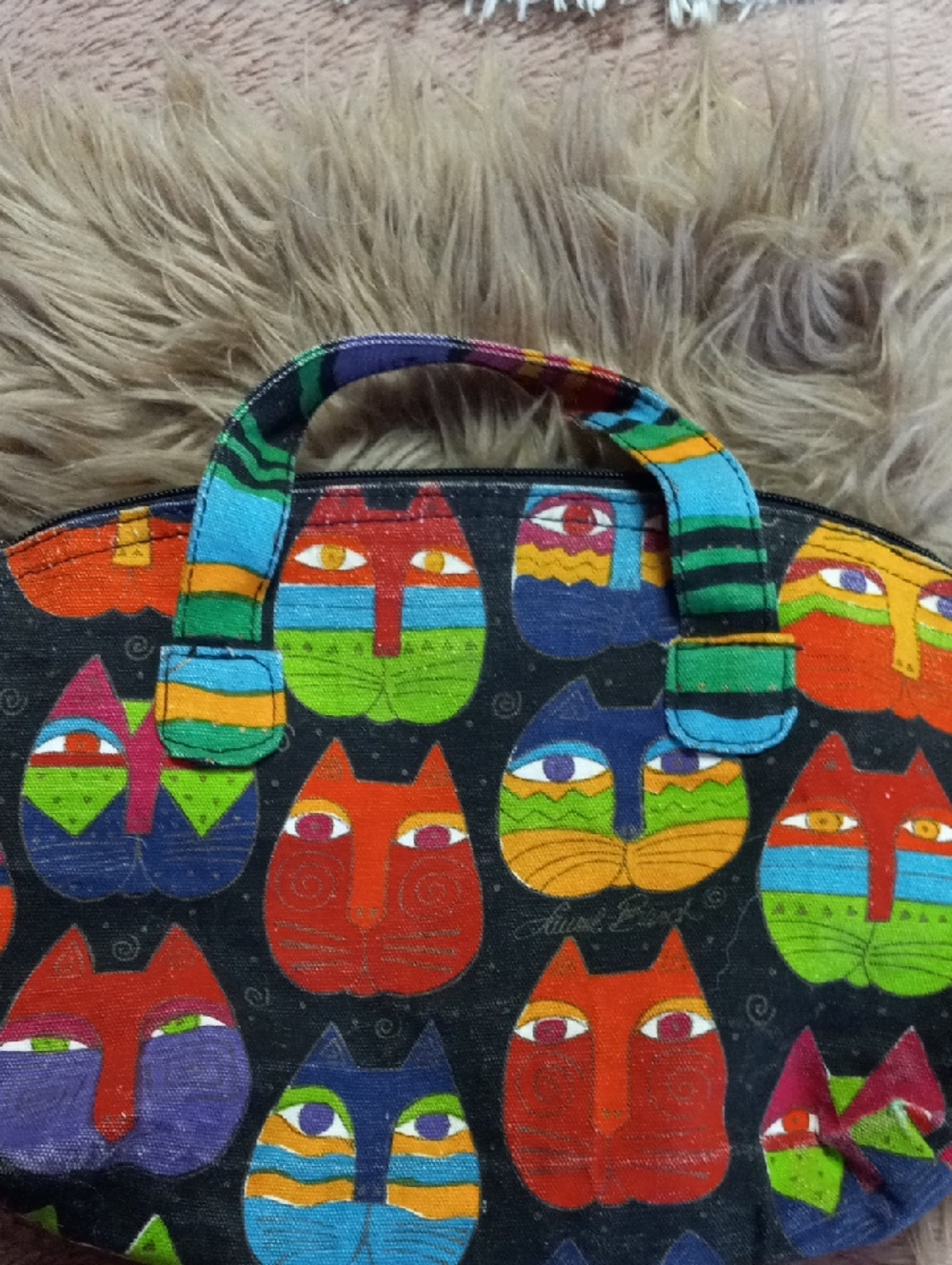 Laurel Burch Black Tote with Vibrant Multicolor Cat Faces